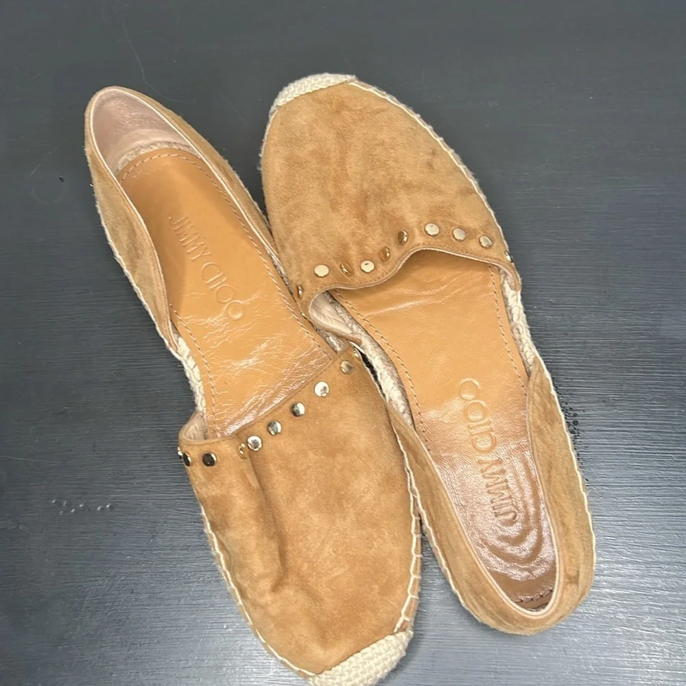 Jimmy Choo ‘Dreya’ Suede Studded D'Orsay Flats, Tan/ Gold, size 35